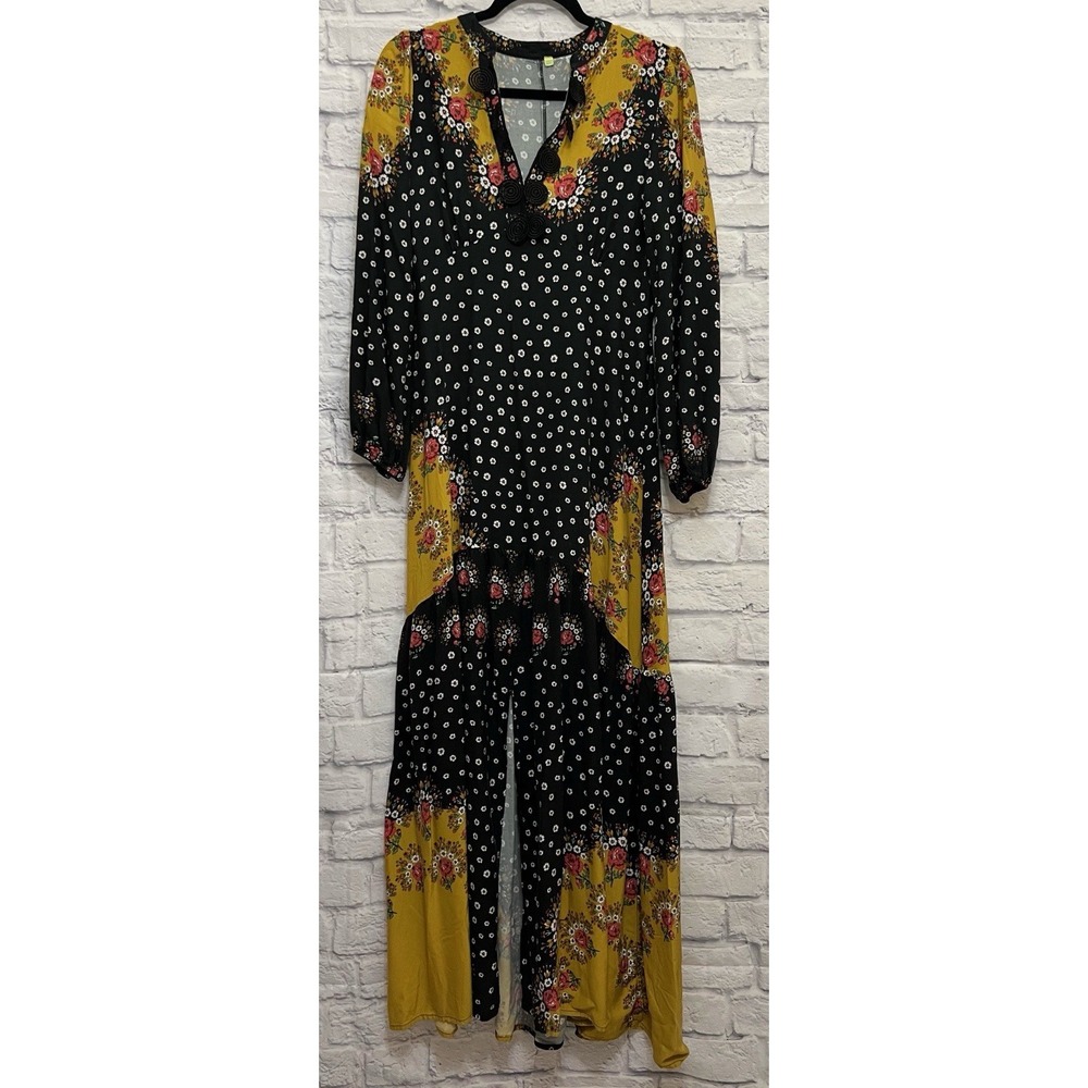 Farm Rio Womens Floral Print Long Black Multicolored Dress Size S Boho Creative